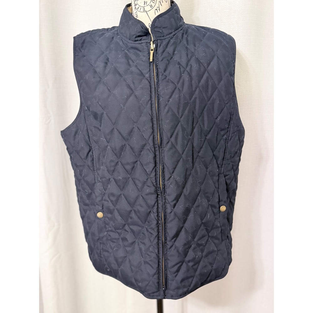 Chaps Reversible Quilted Vest Navy Blue Tan Diamond Quilt Mock Neck Mens LARGE